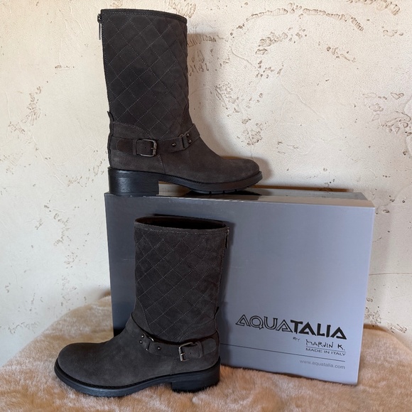 NWT Aquatalia "Shannon" Weatherproof Suede Quilted Boots - Asphalt Grey 9.5M NIB - Picture 7 of 9